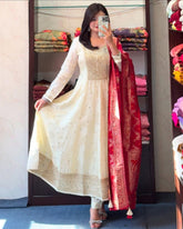 Cream elegance with this regal Anarkali Flared Kurti Set,